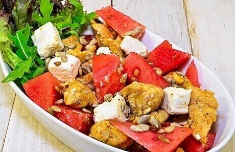 Grilled watermelon with a steak salad